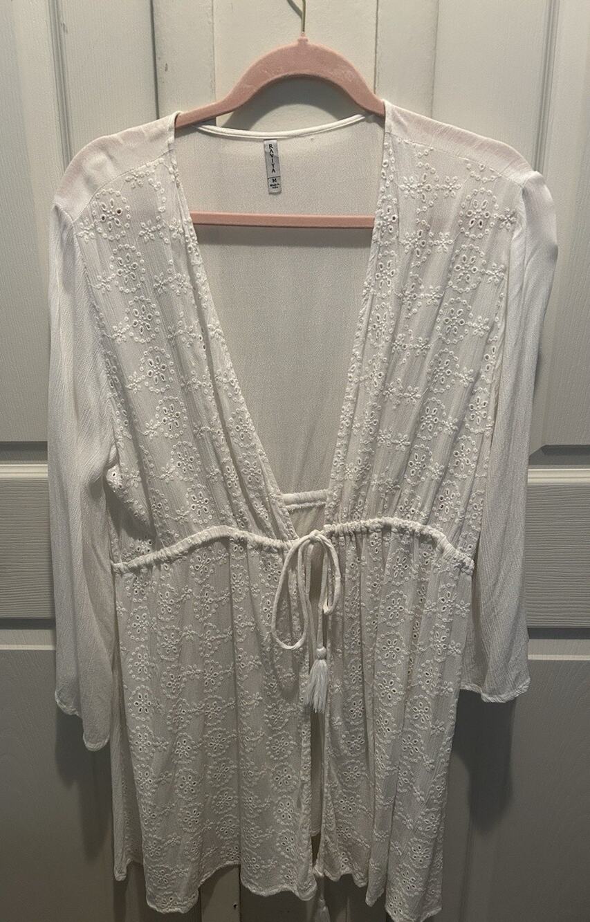 Raviya Crochet Tunic Swimsuit Cover-Up Waist Tie Off-White Size Medium